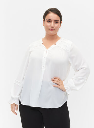 Top with long sleeves and button closure, Bright White, Model image number 0