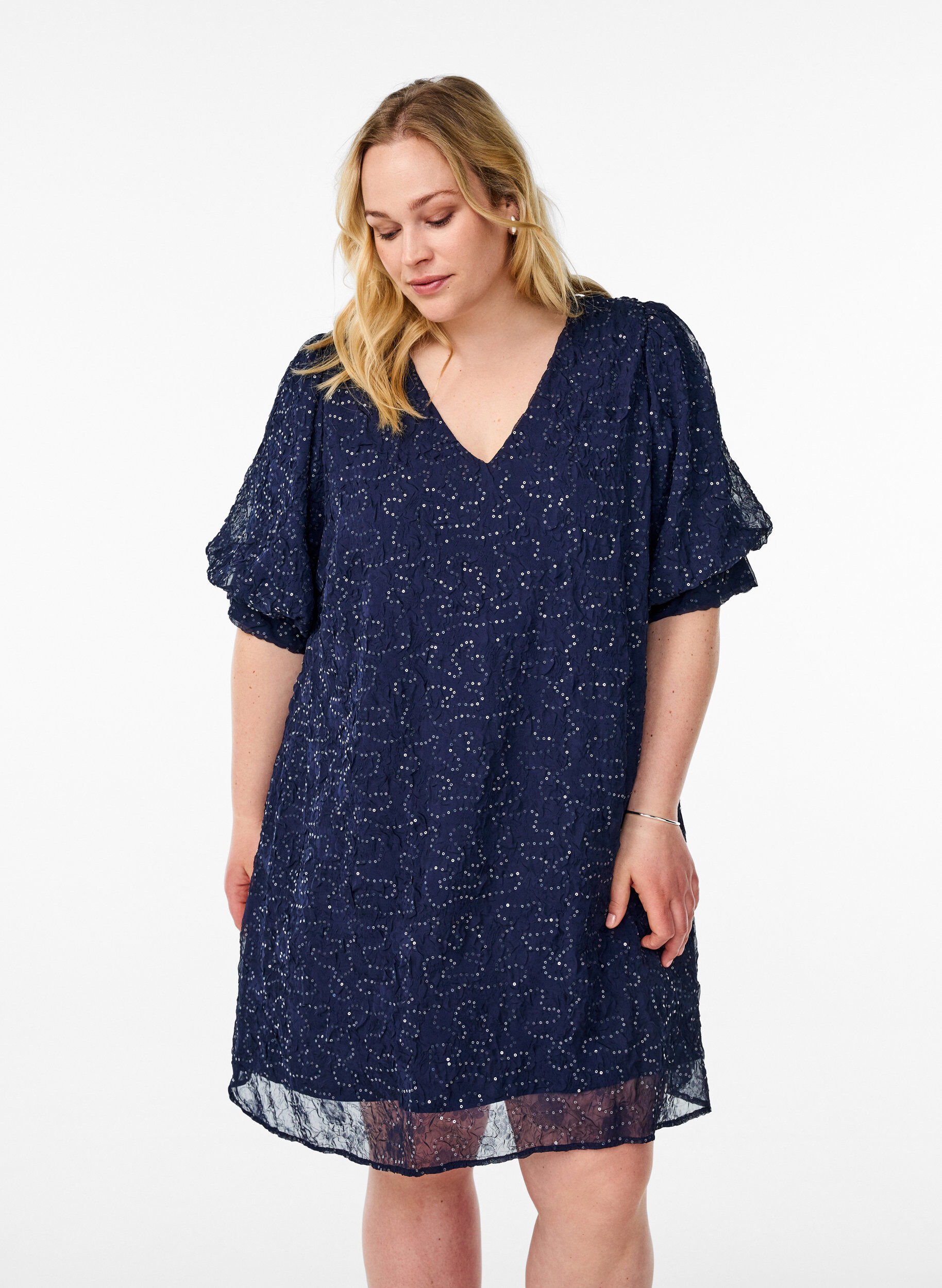 Short party dress with sequins, Blue, Model