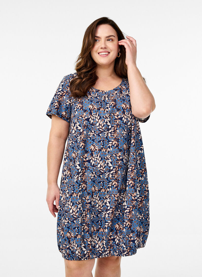 Short-sleeved cotton dress with print, Blue, Model image number 0