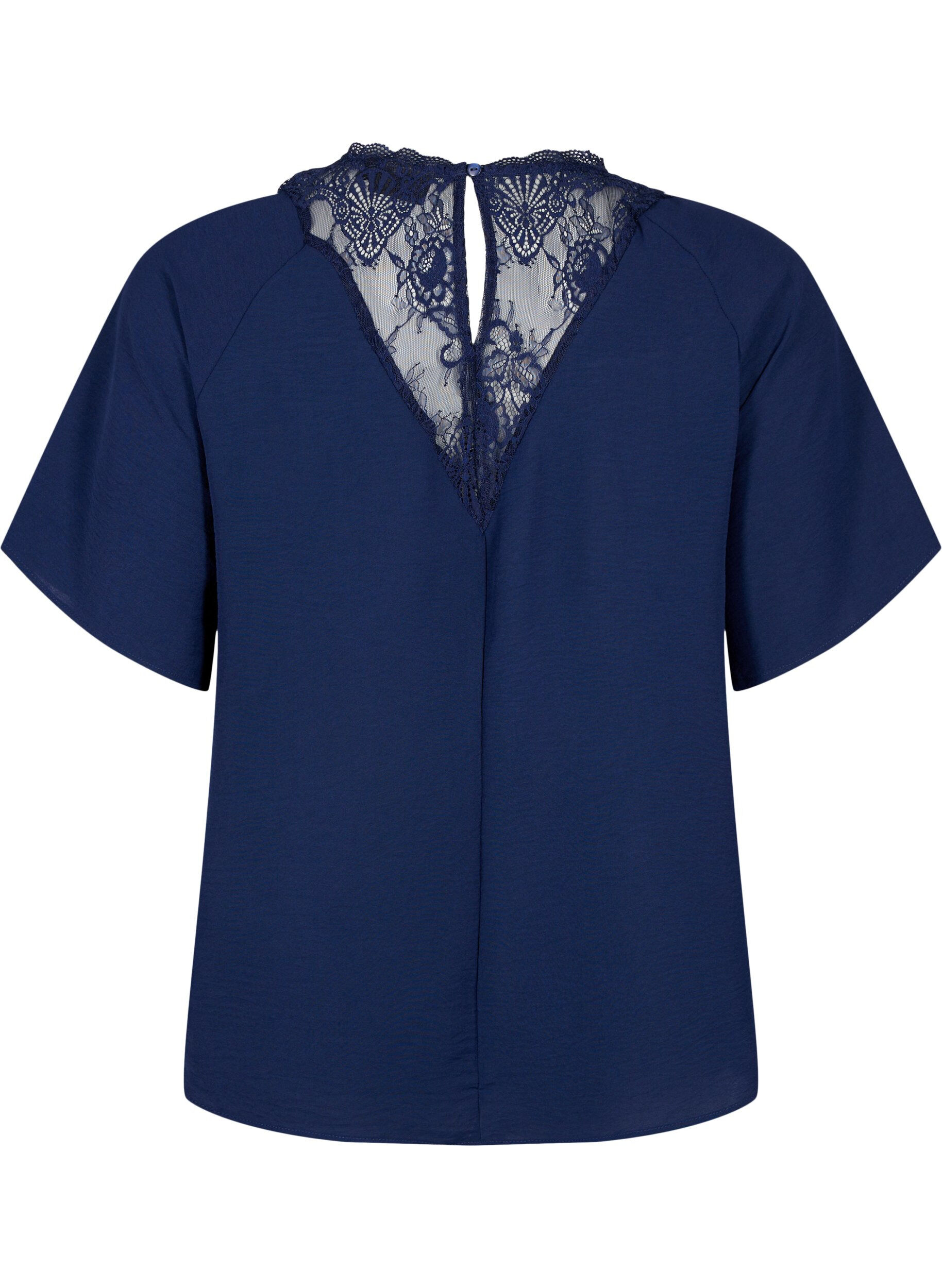 Zizzifashion Short-sleeved blouse with lace , Navy Blazer, Packshot image number 1