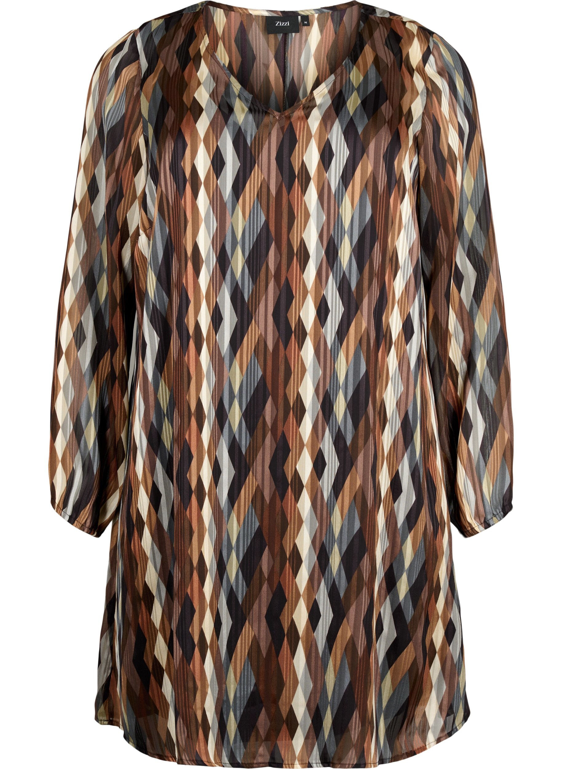 Zizzifashion Long-sleeved dress with V-neck and print, Earthy Zig Zag, Packshot image number 0