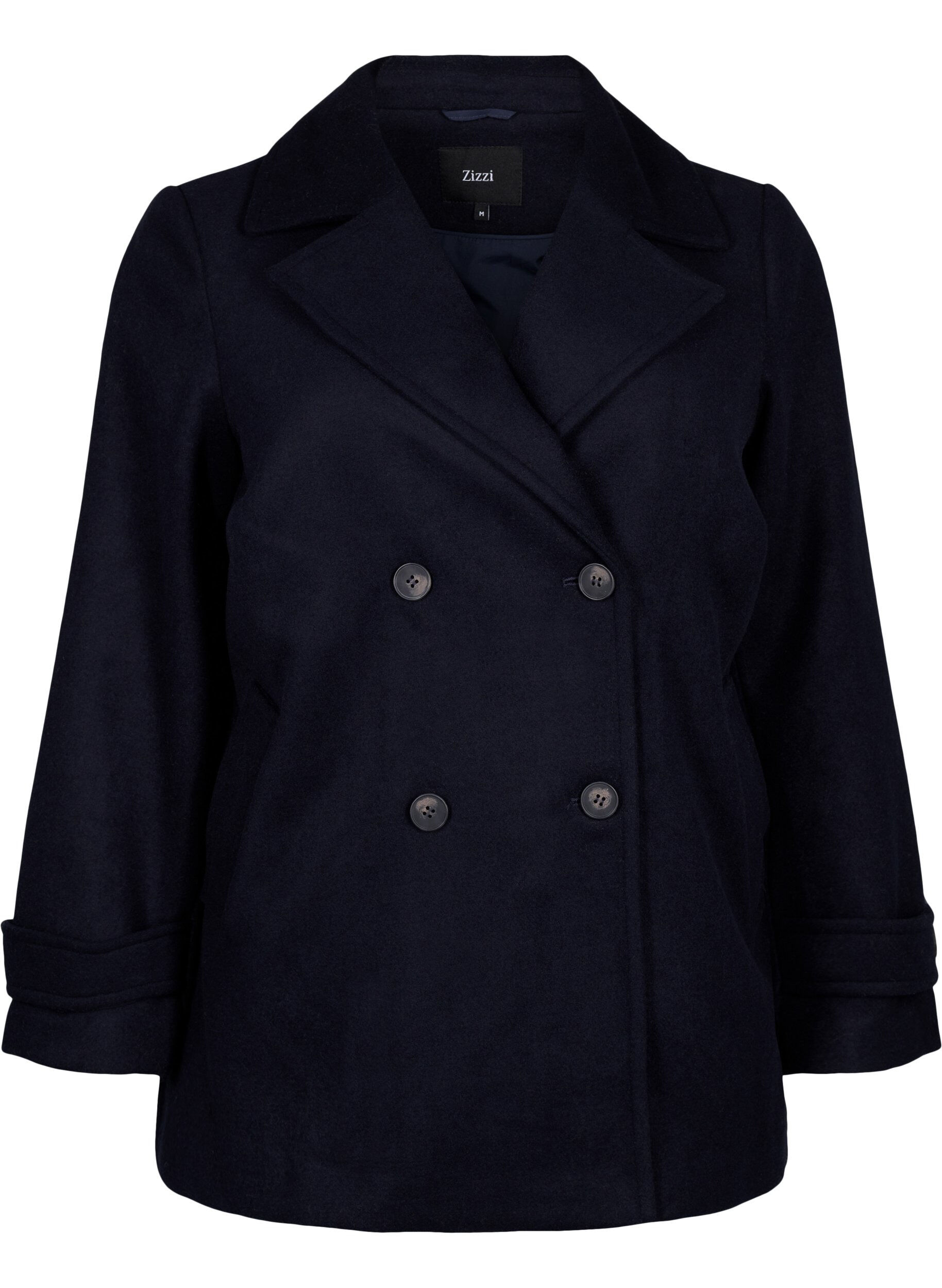 Short coat with double-breasted button closure
