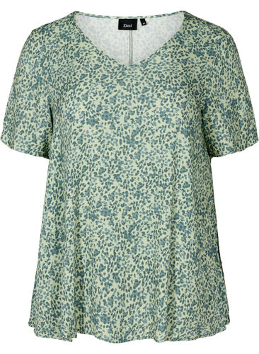 Short-sleeved viscose blouse in an A-line cut, Light Green Leaf, Packshot image number 0