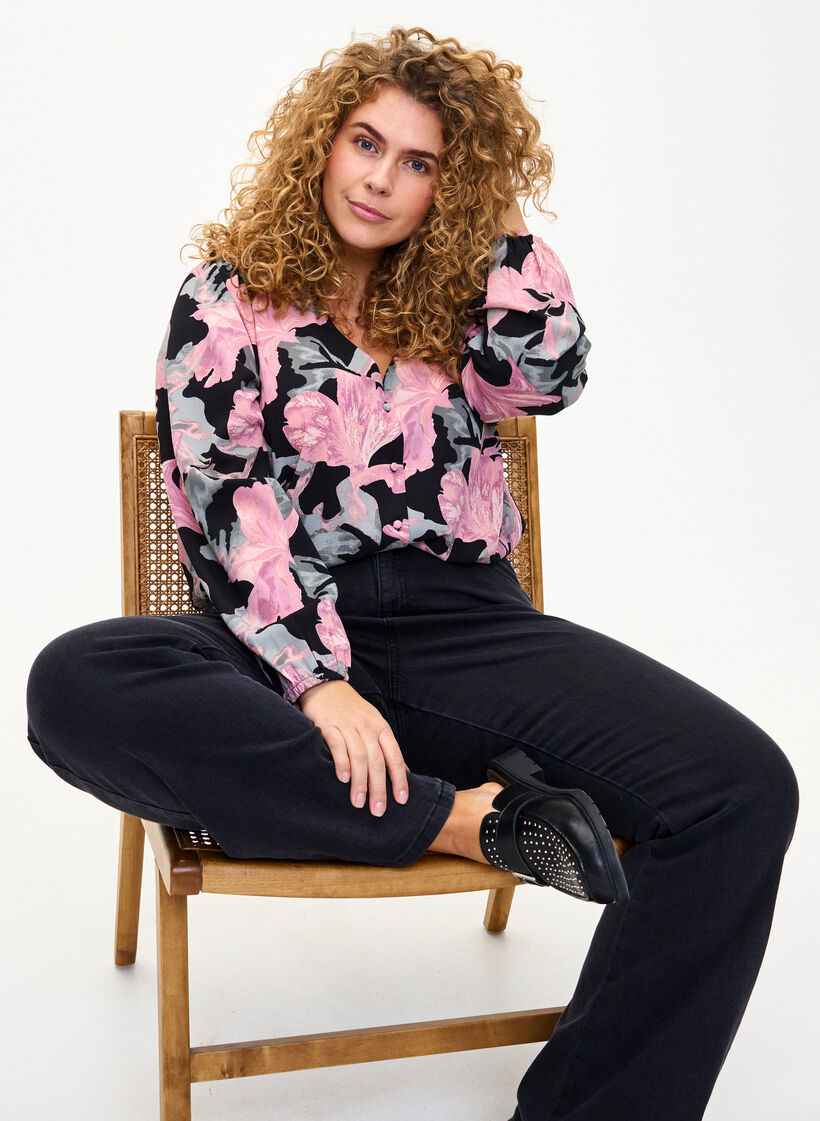 Shirt blouse with v-neck and print, Black Pale Mauve Fl., Image image number 0