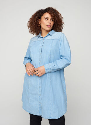 Long denim shirt in cotton, Light blue denim, Model image number 0