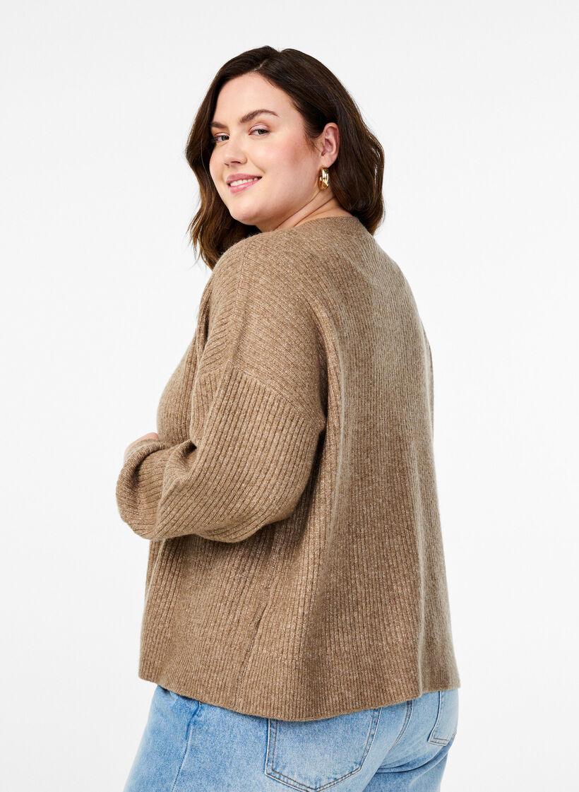 Rib knit cardigan with buttons, Brown, Model image number 2
