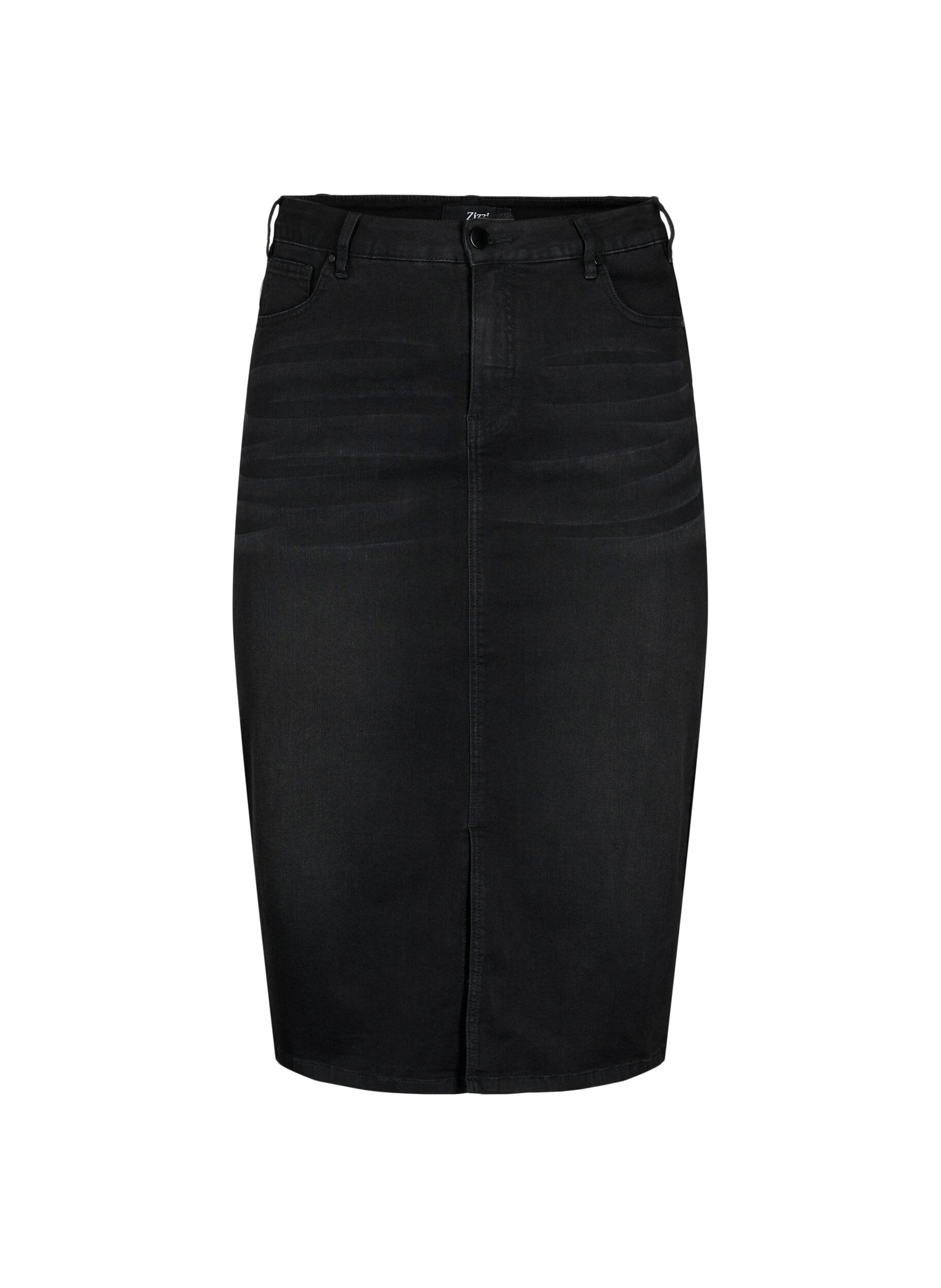 Zizzifashion Denim midi skirt with slits, Black, Packshot image number 0