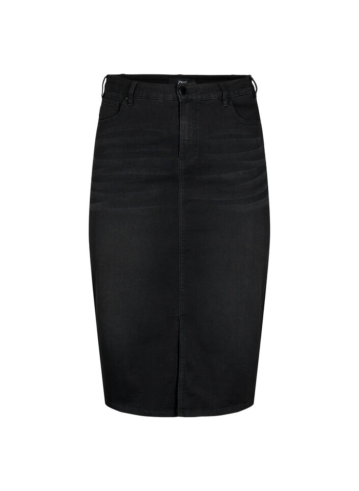 Denim midi skirt with slits, Black, Packshot image number 0