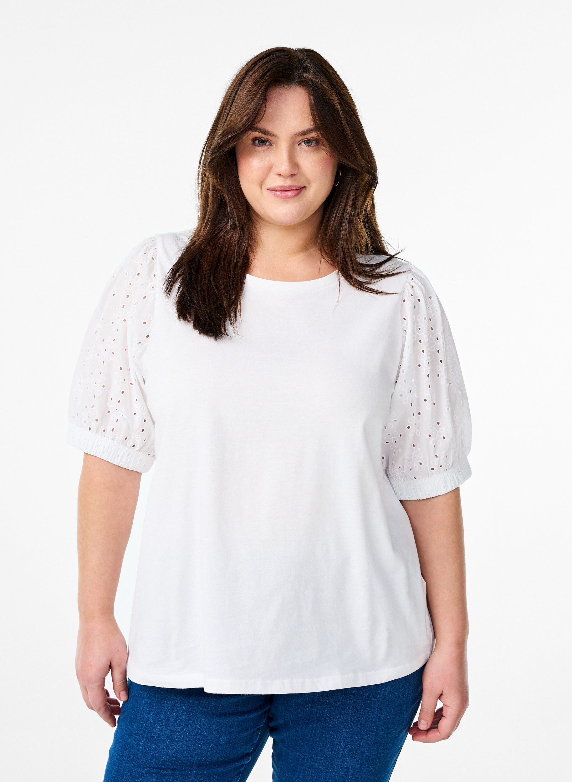 Zizzifashion T-shirt with Broderie Anglaise sleeves, White, Model image number 0