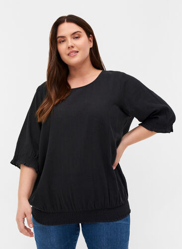 Short-sleeved cotton blouse with smock, Black, Model image number 0