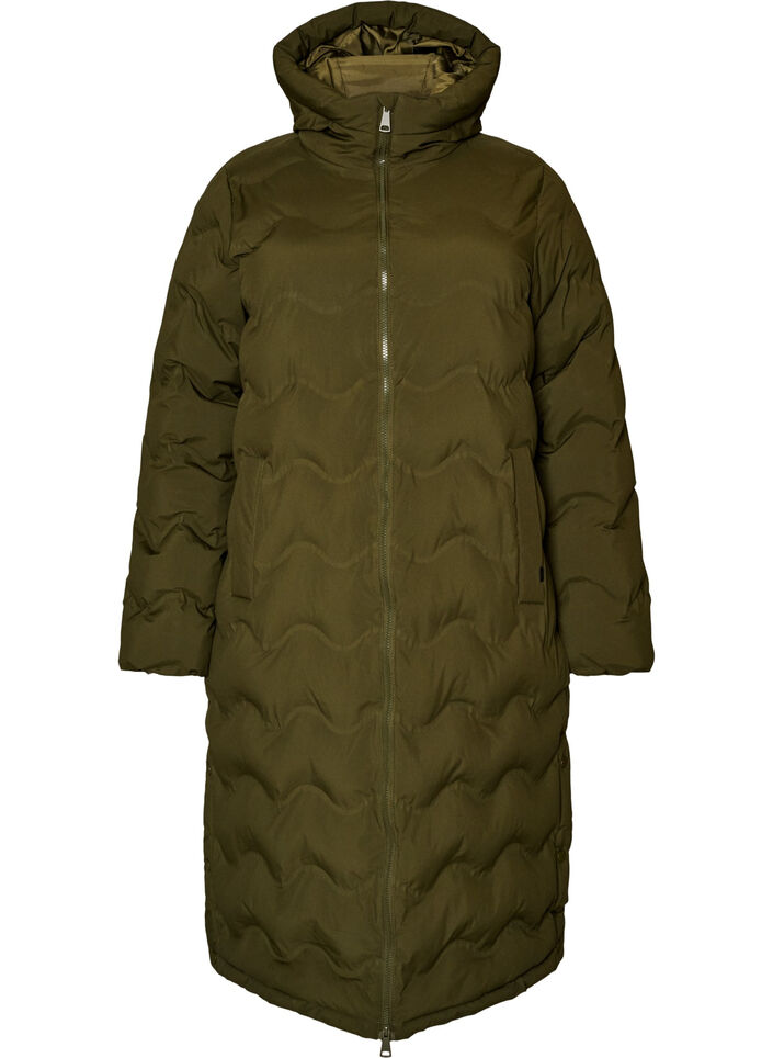 Long hooded puffer jacket with a wave pattern, Green, Packshot image number 0
