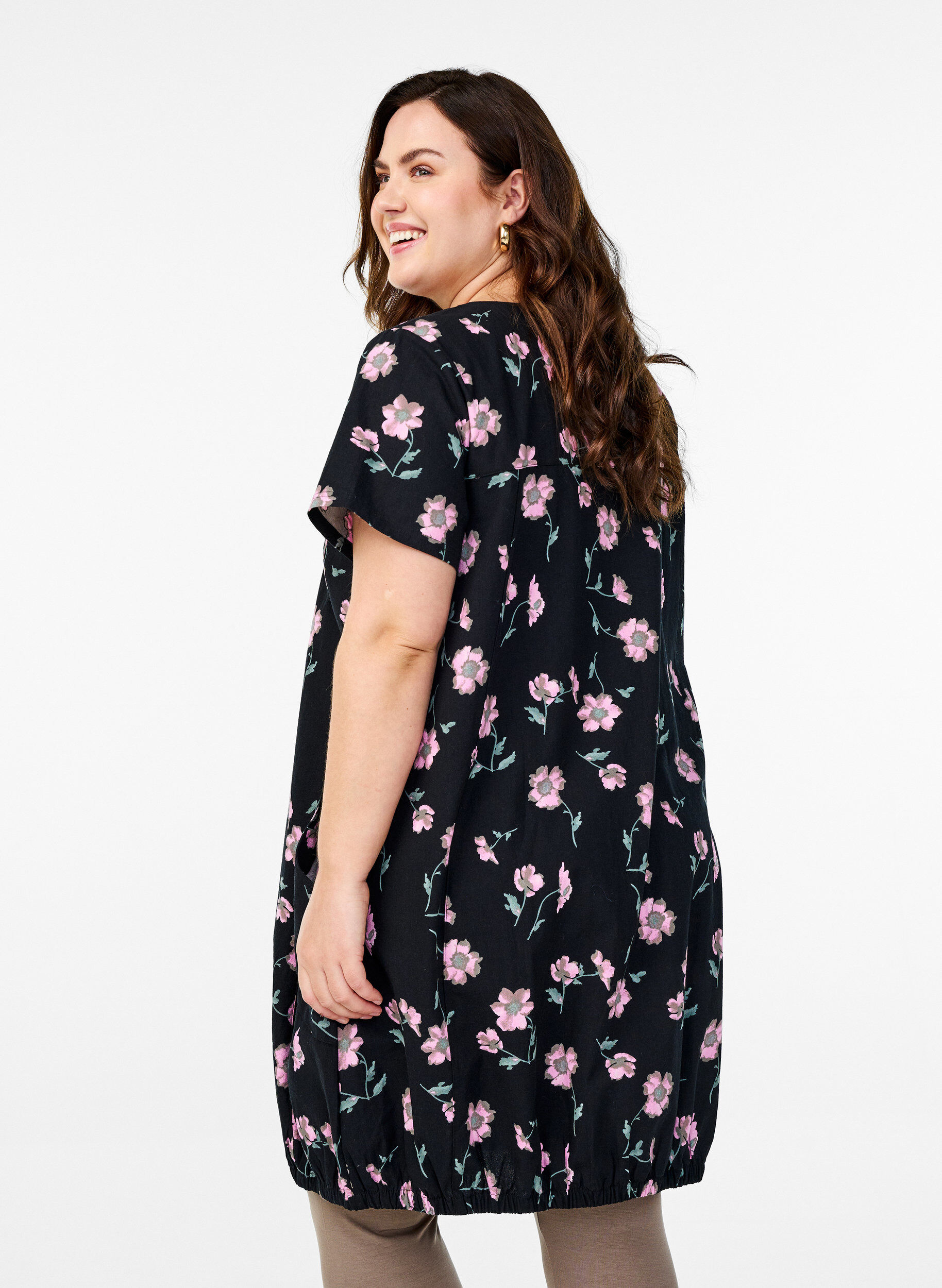 ZizzifashionShort-sleeved cotton dress with print, Black, Model image number 2