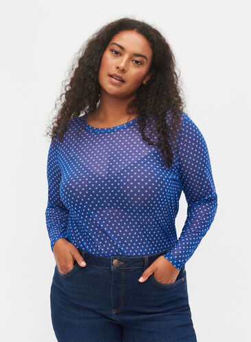 Printed mesh blouse, Classic Blue Dot, Model image number 0