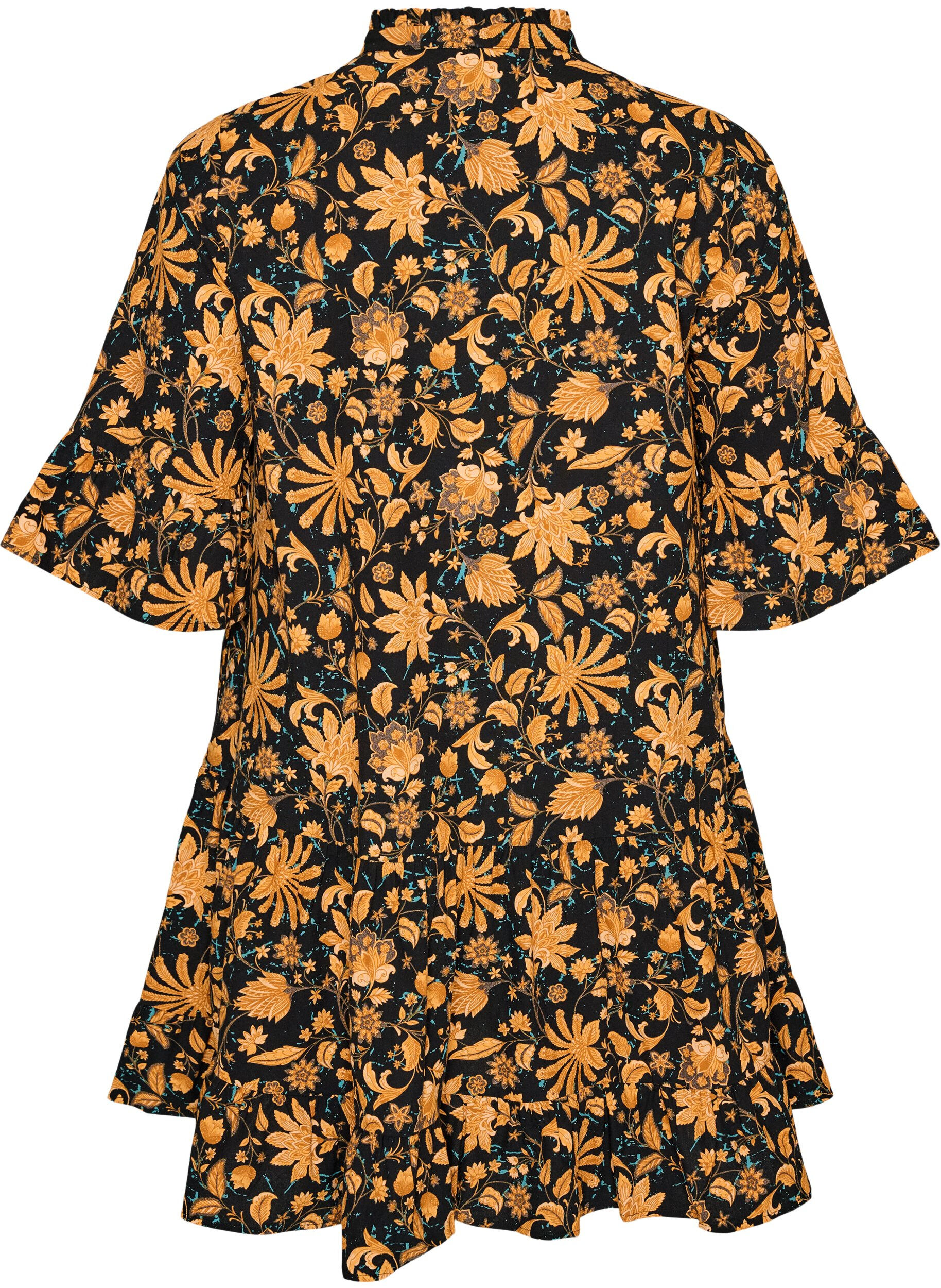 Zizzifashion Floral cotton dress with ruffle details and a loose A-line shape, Orange, Packshot image number 1