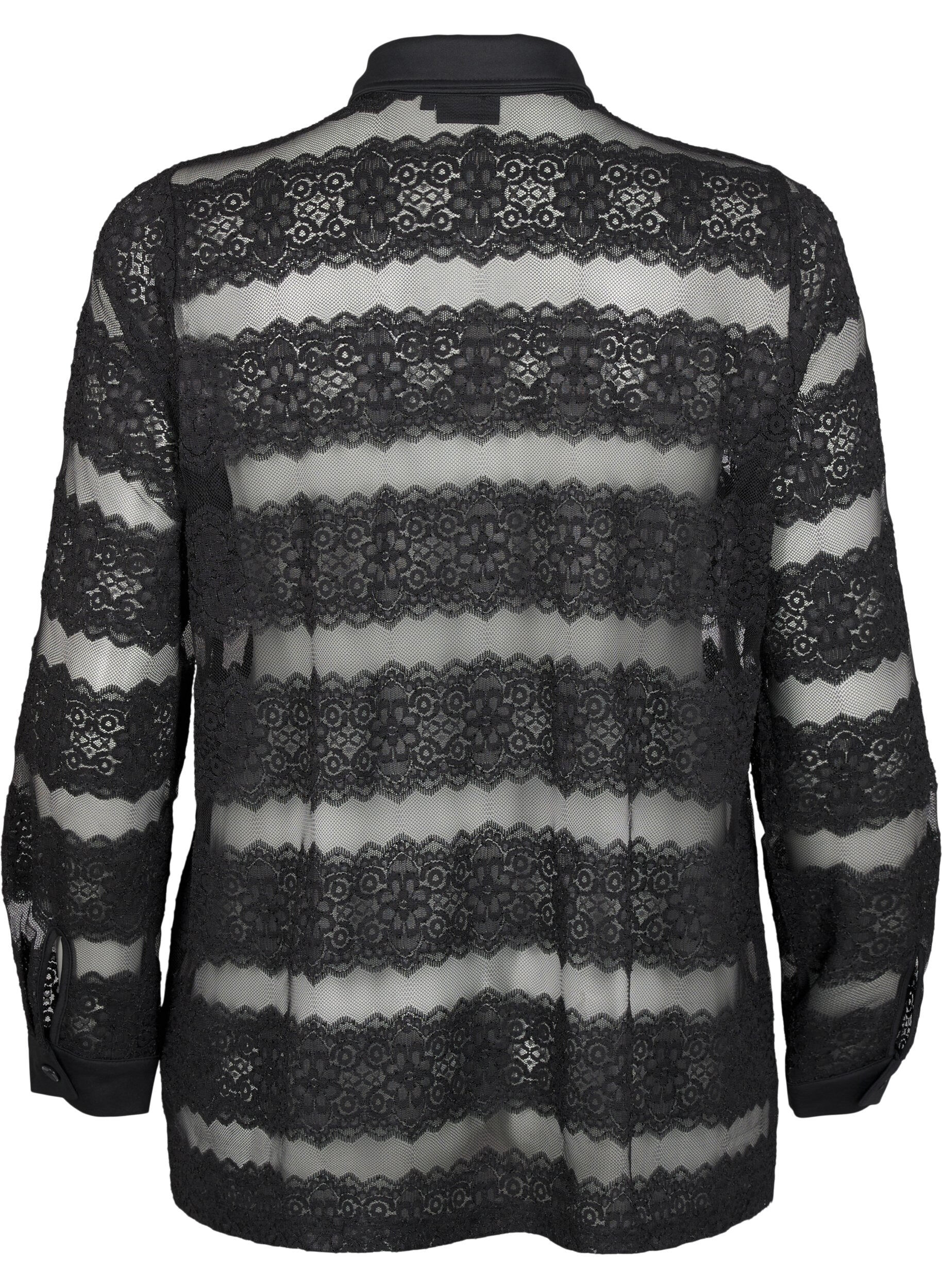 Zizzifashion Loose shirt with lace and sheer mesh, Black, Packshot image number 1