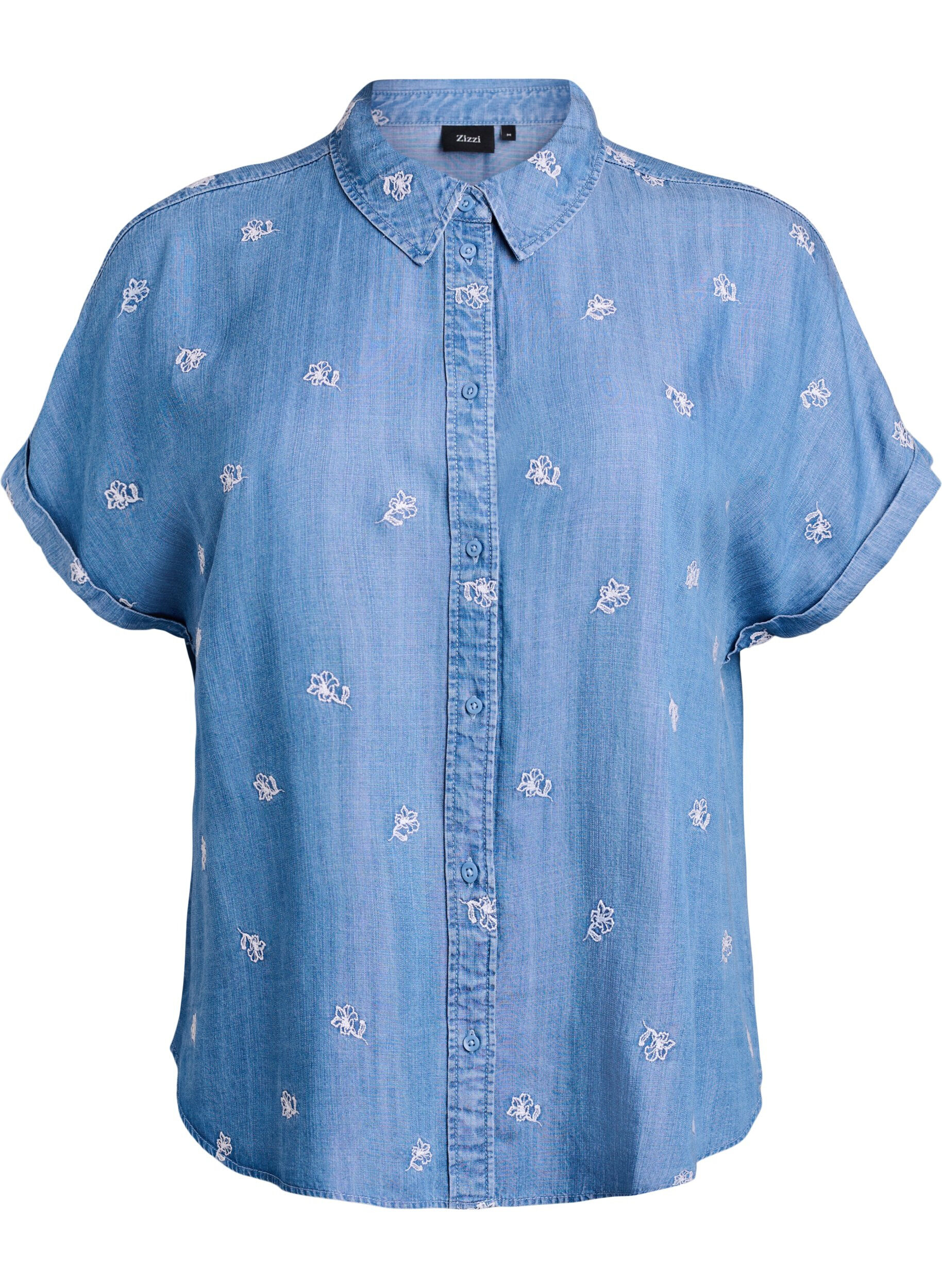 Zizzifashion Denim-look lyocell shirt with floral embroidery, Light Blue, Packshot image number 0