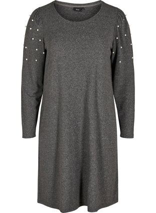 Dress with long puff sleeves and pearls, Dark Grey Melange, Packshot image number 0