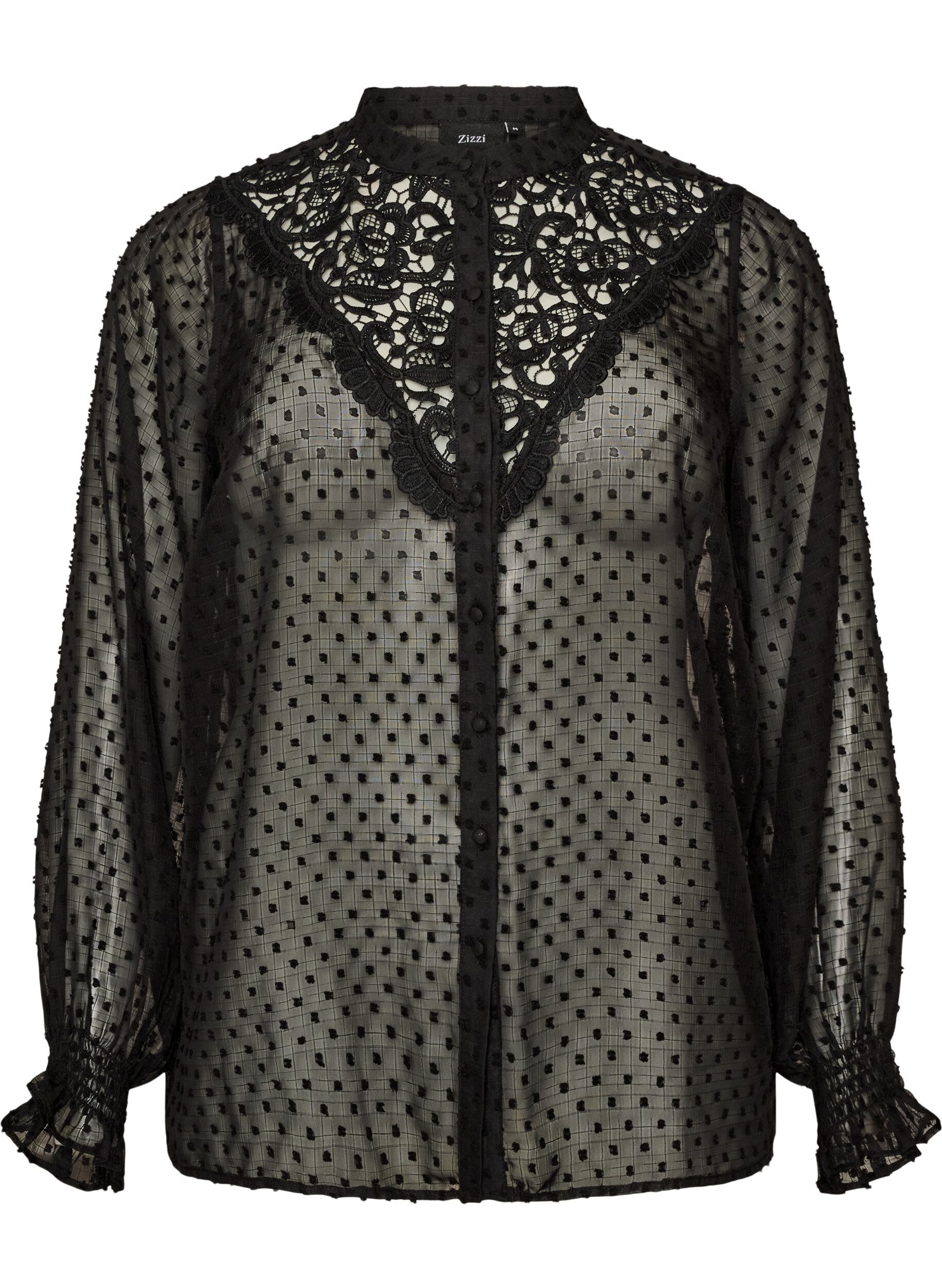 ZizzifashionShirt blouse with lace insert and dot pattern, Black, Packshot image number 0