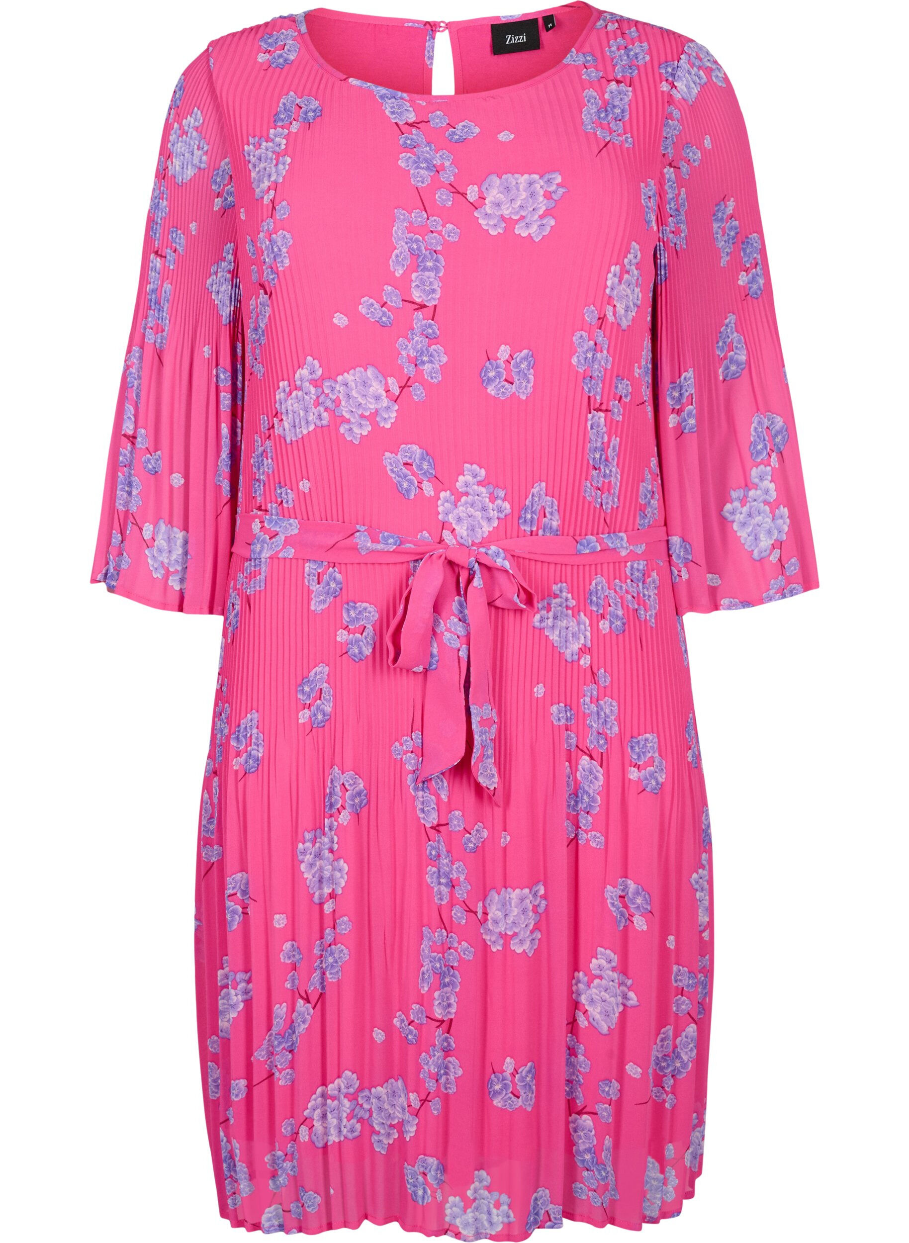 Zizzifashion Printed pleated dress with tie string, Beetroot Purple AOP, Packshot image number 0