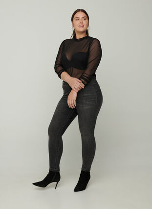 Close-fitting mesh blouse with a high neck, Black, Model image number 3
