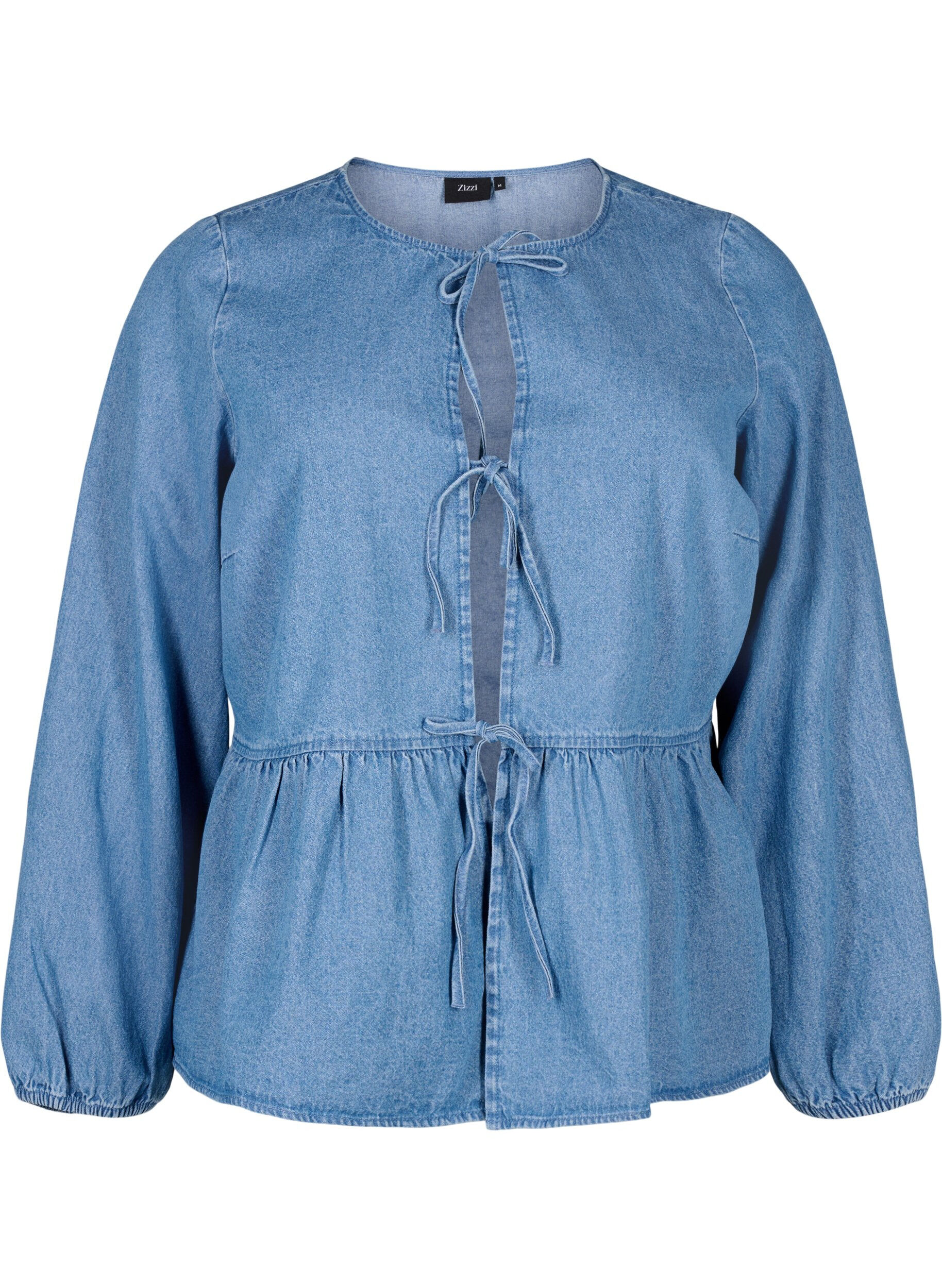 Zizzifashion Denim peplum blouse with tie fastening, Light Blue Denim, Packshot image number 0