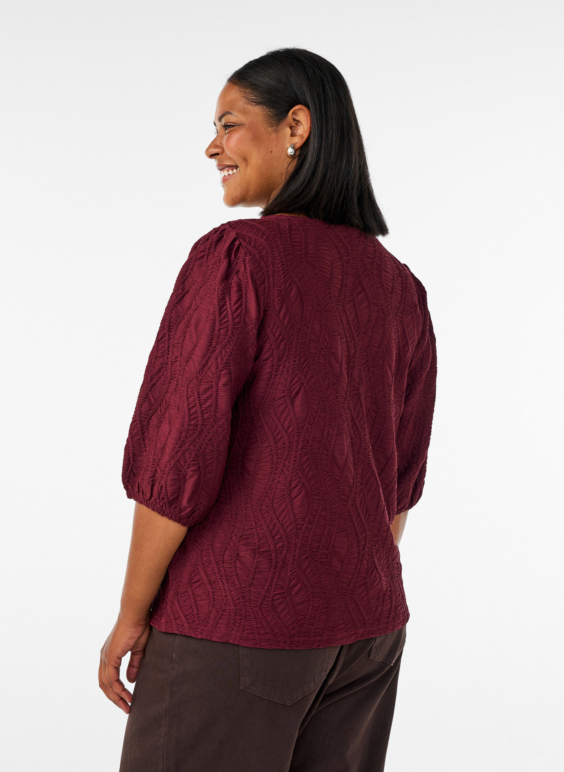 ZizzifashionBlouse with texture and 3/4 sleeves, Red, Model image number 2