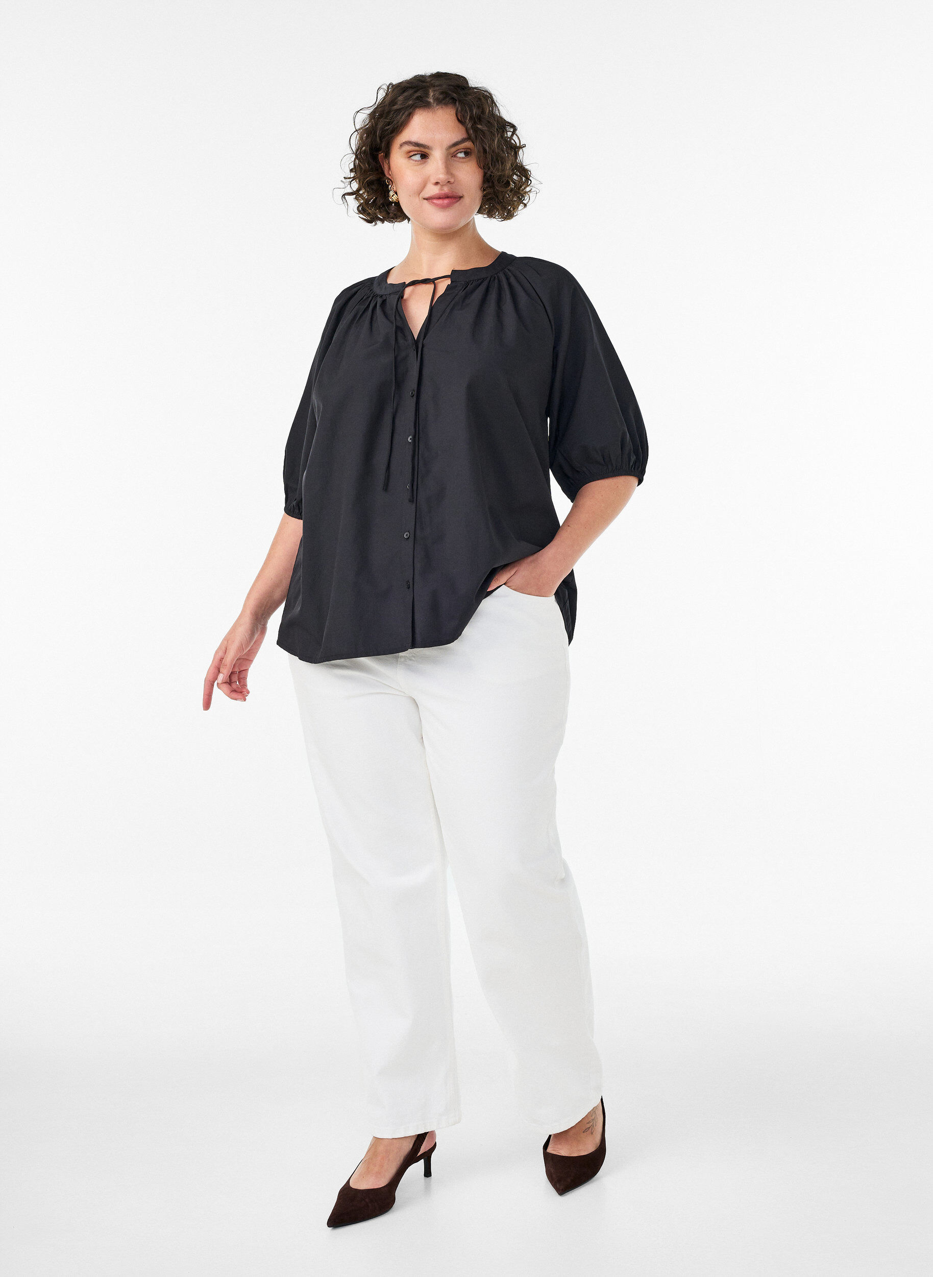 Zizzifashion Shirt blouse with button fastening and tie-belt, Black, Model image number 1
