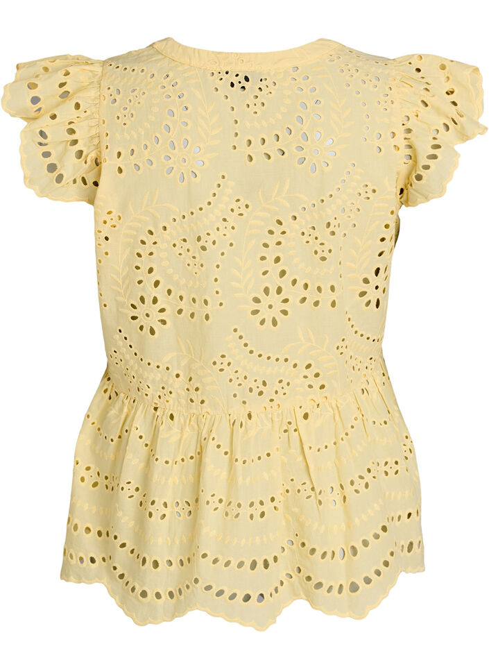 Sleeveless broderie anglaise blouse with ruffles, Yellow, Packshot image number 1