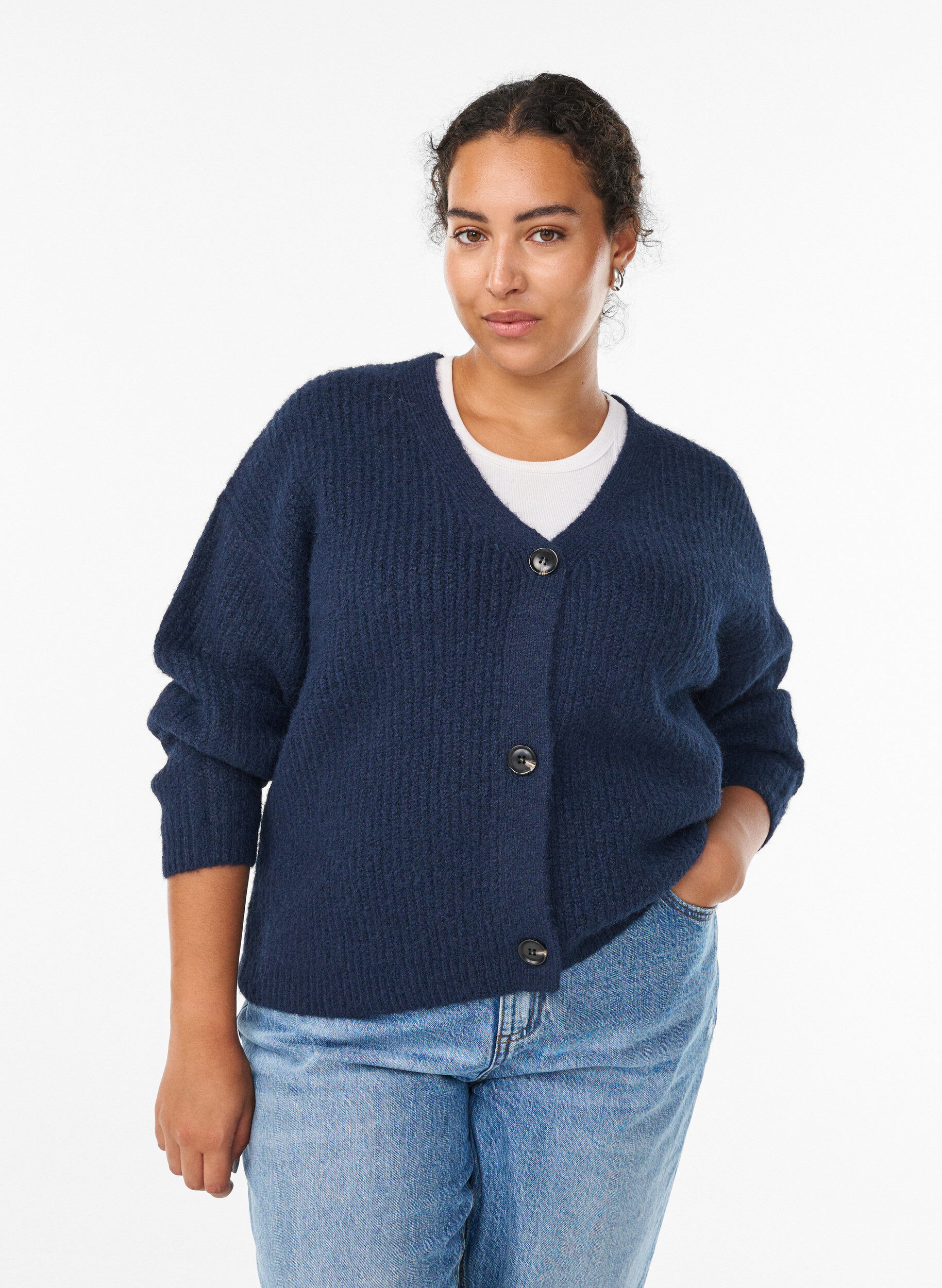 Knit cardigan with v-neck, Blue, Model