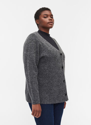 Short wool blend knitted cardigan, Dark Grey Melange, Model image number 0
