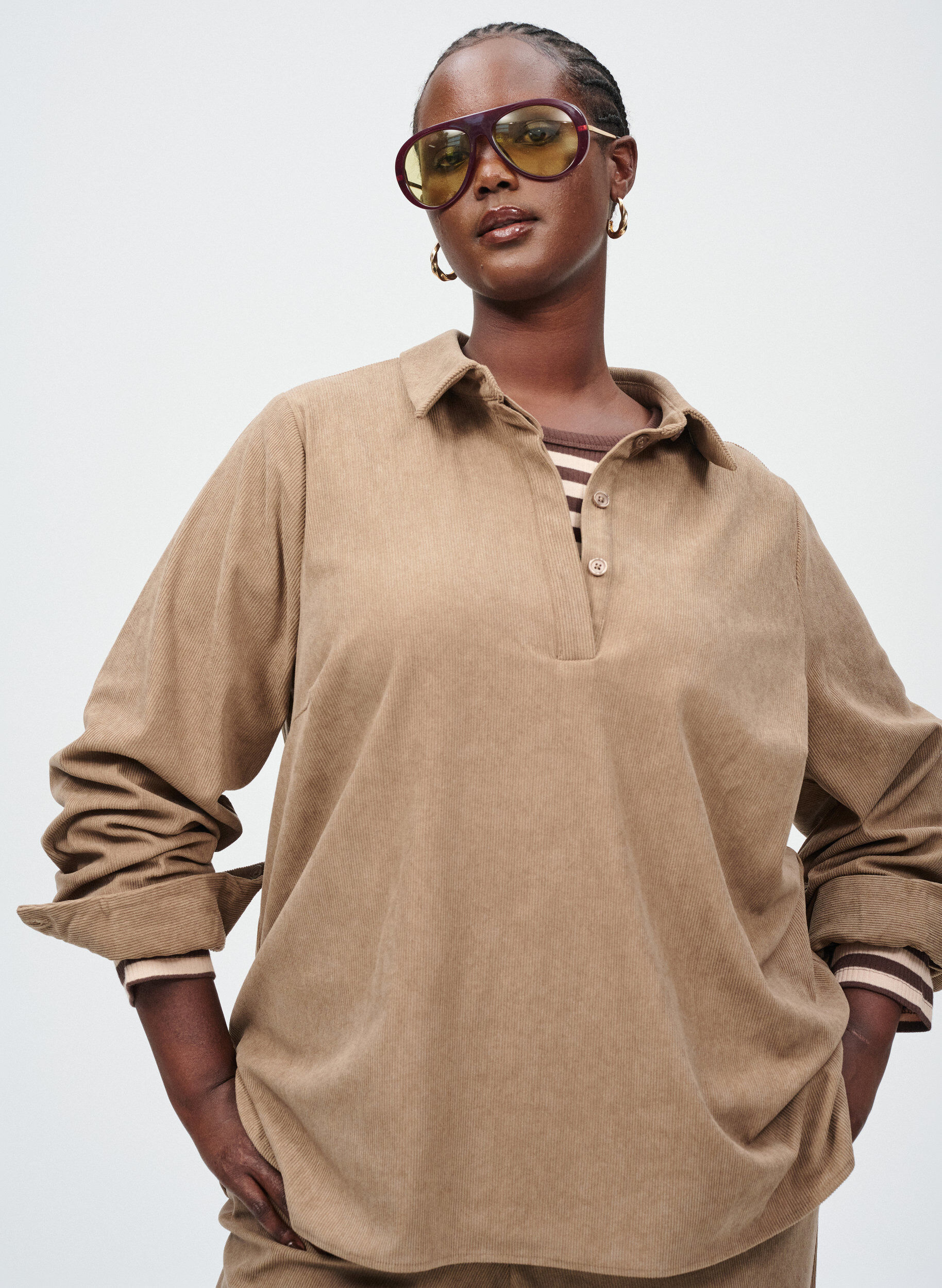 Zizzifashion Long-sleeved shirt blouse in corduroy, Brown, Image image number 0