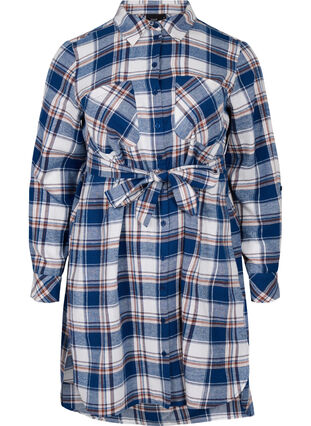 Checkered shirt dress with tie detail, Blue White Check, Packshot image number 0