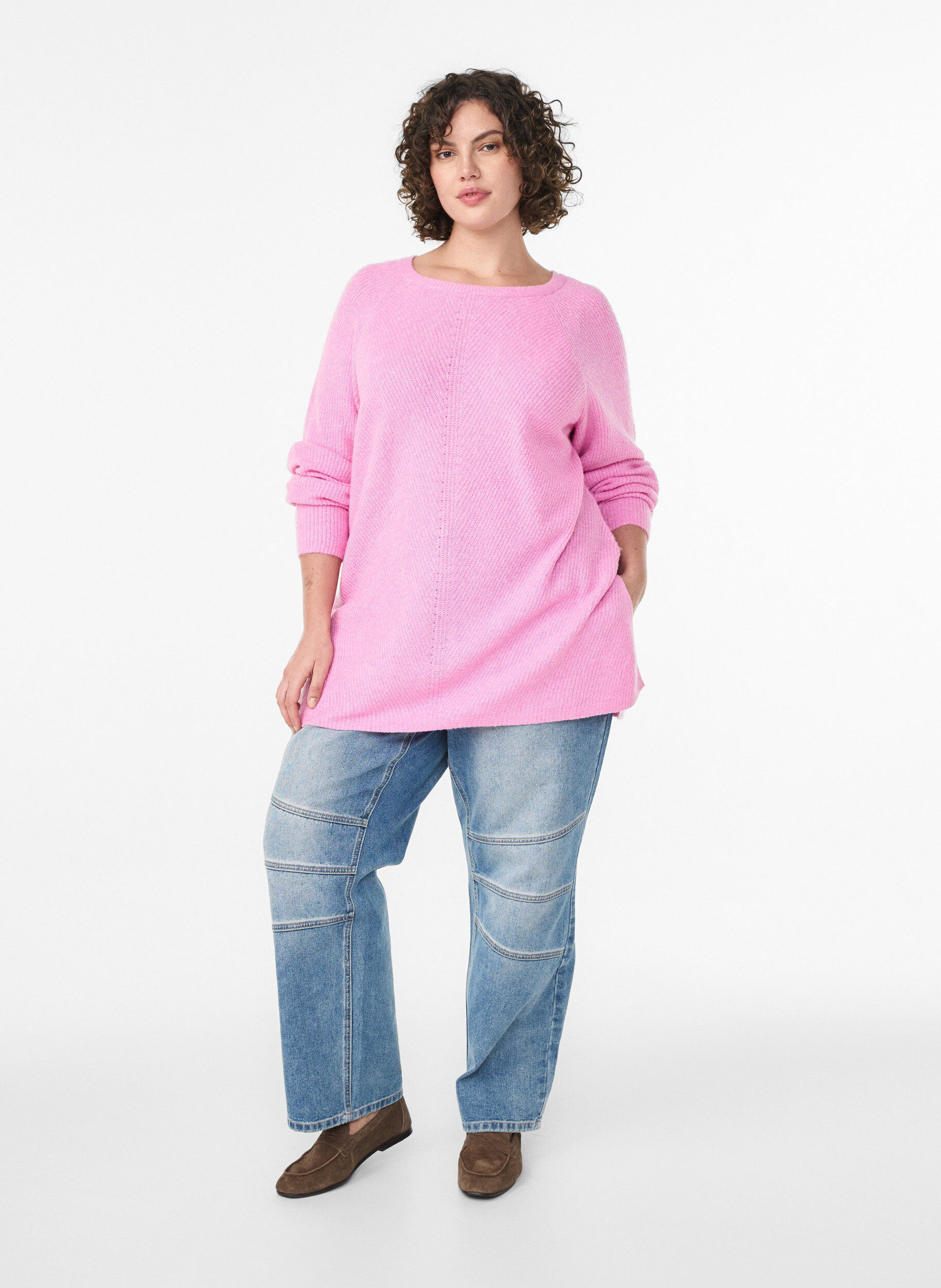Zizzifashion Knitted jumper with a diagonal pattern and raglan sleeves, Pink, Model image number 1