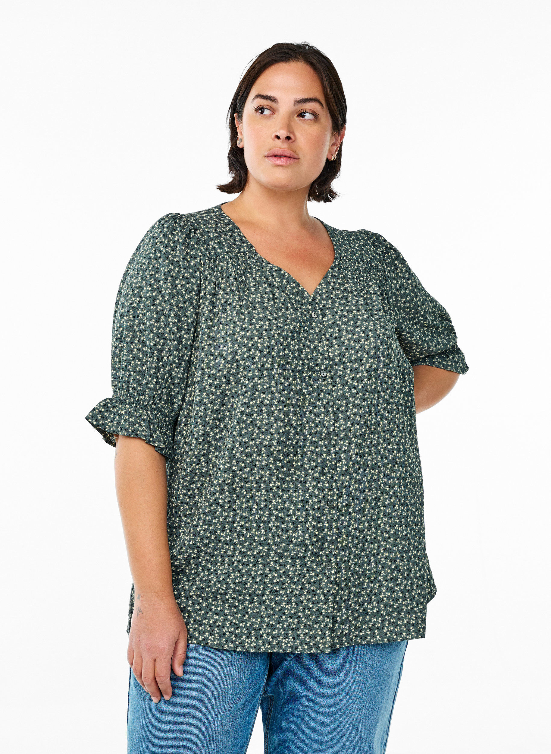 ZizzifashionShirt blouse with 1/2 sleeves, Green, Model image number 0