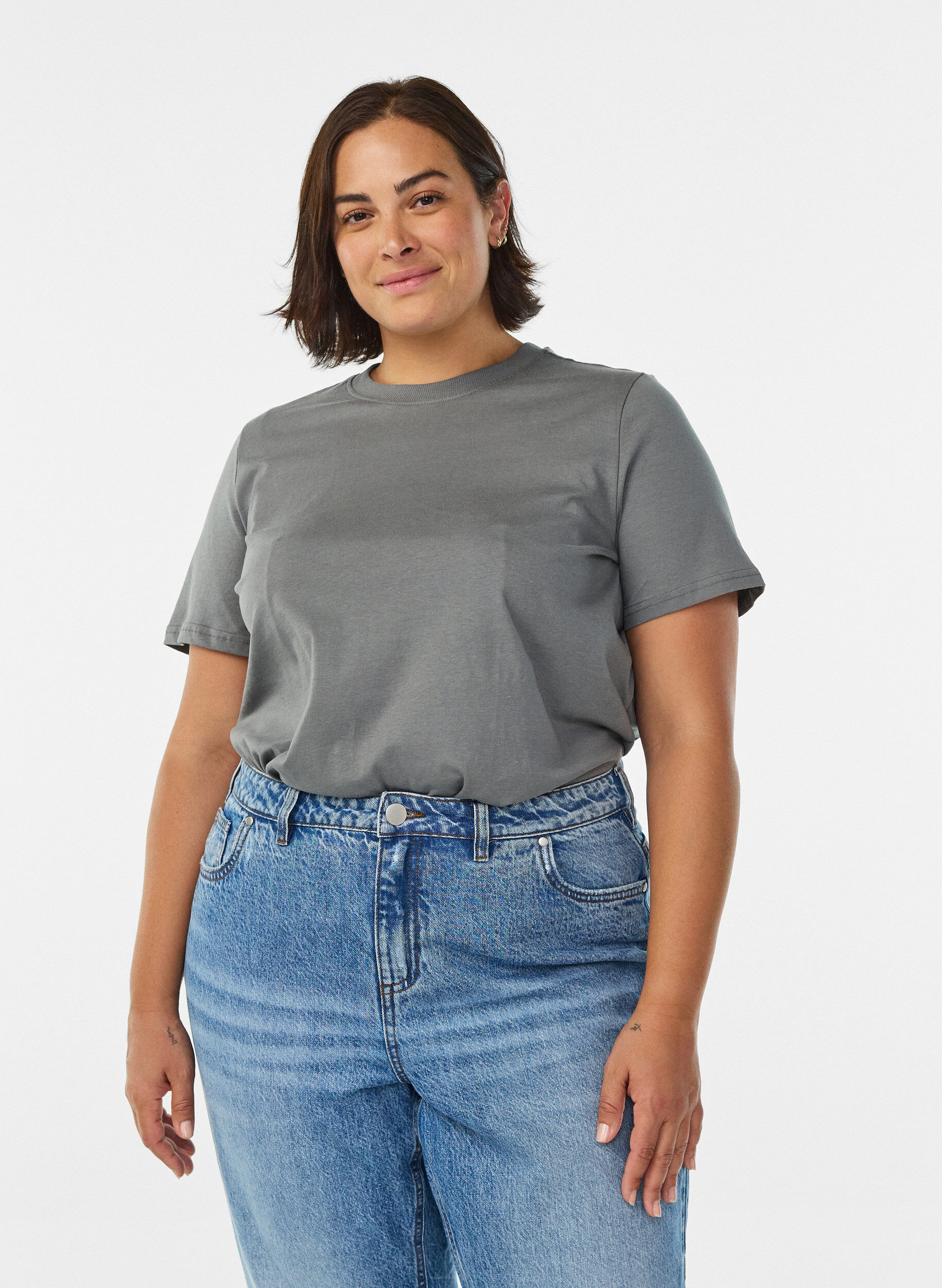 ZizzifashionBasic cotton T-shirt with round neck, Grey, Model image number 0