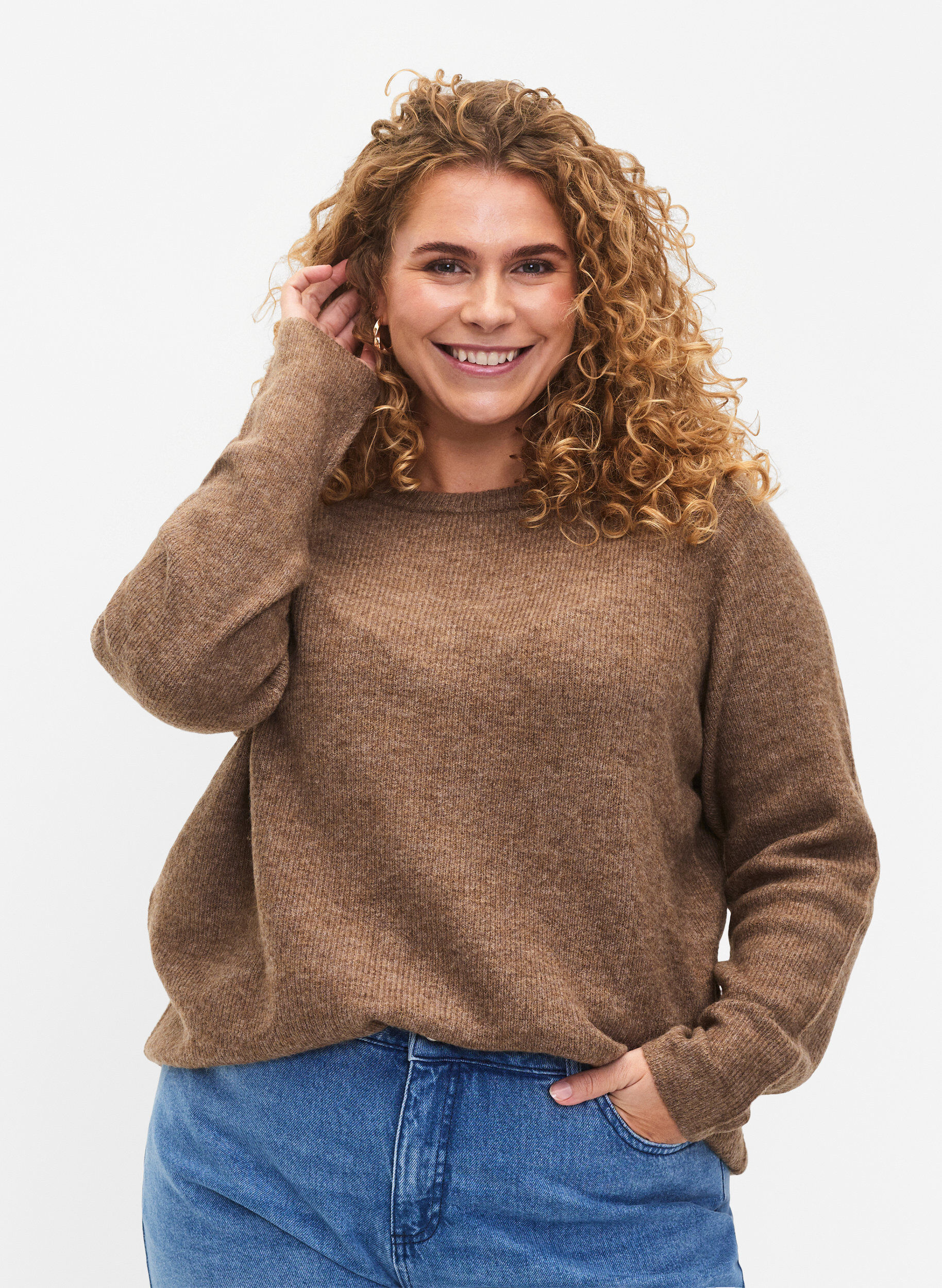 Zizzifashion Melange sweater with round neck	, Caribou Mel., Model image number 0