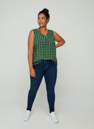 Checked viscose top with a V-neck, Dark Ivy CHECK, Model image number 2