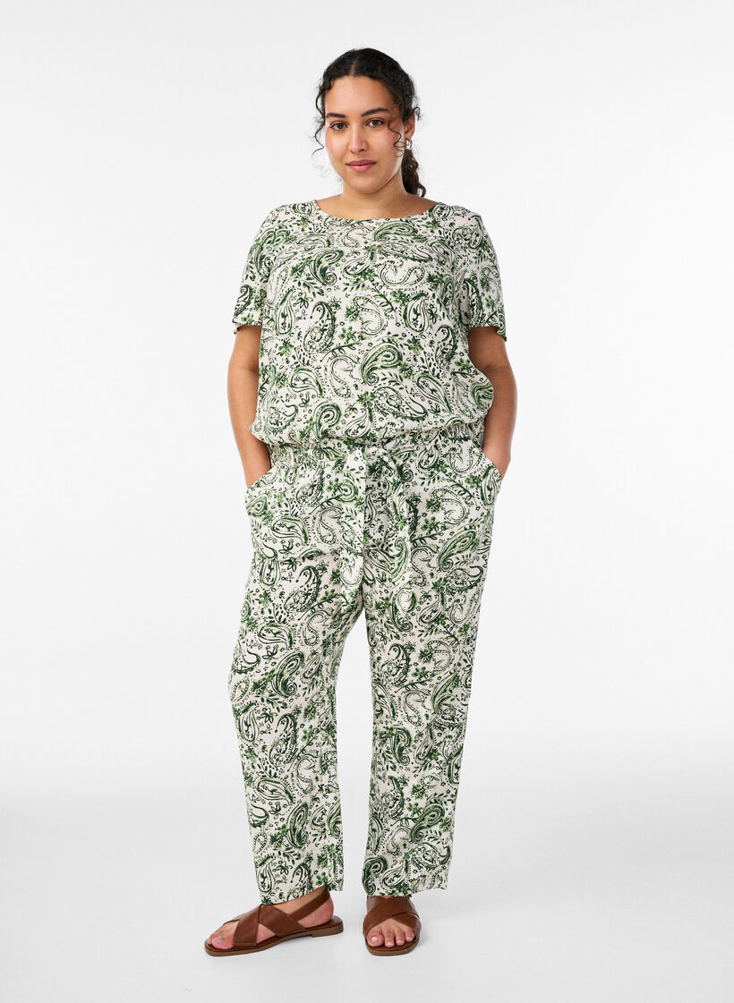 Short sleeve viscose blouse with print, Green, Model image number 1