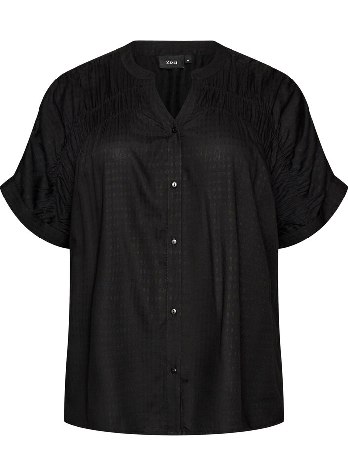 Viscose shirt with short sleeves and ruched detail, Black, Packshot image number 0