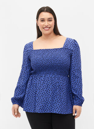 Dotted viscose blouse with smock, R.Blue w. Black Dot, Model image number 0