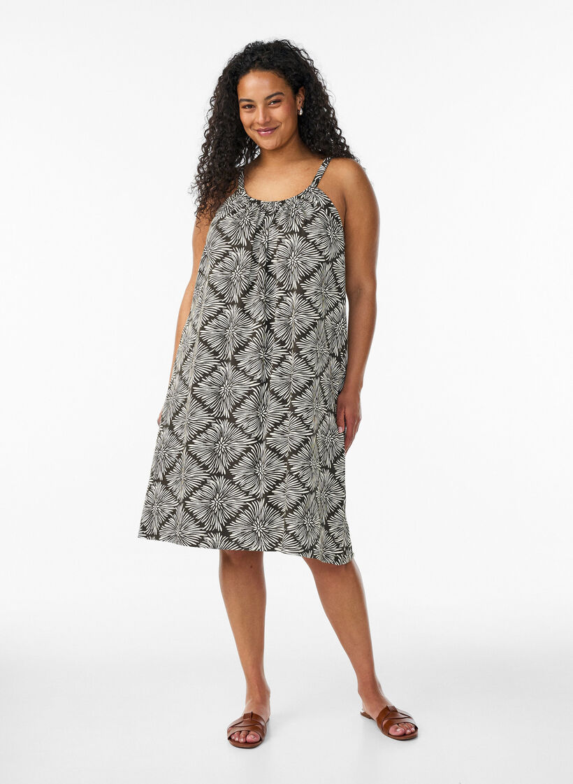 Knee-length strap dress in organic cotton, Black, Model image number 1