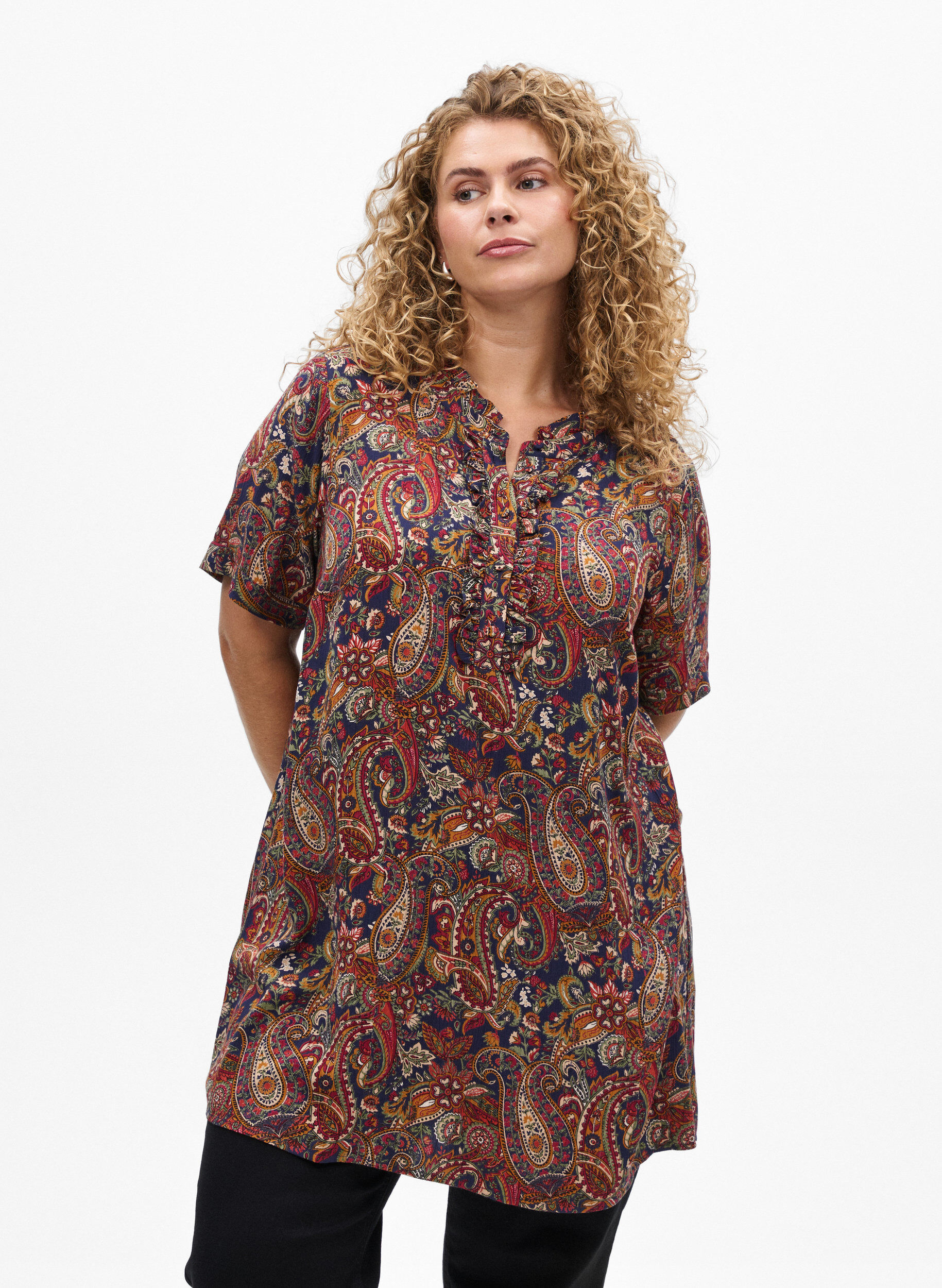 Zizzifashion Tunic with short sleeves and paisley print, Blue, Model image number 0