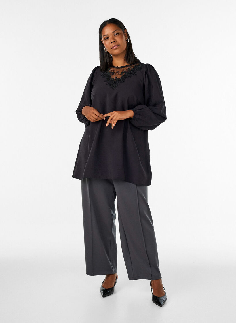 Tunic in viscose with lace detail, Black, Model image number 1