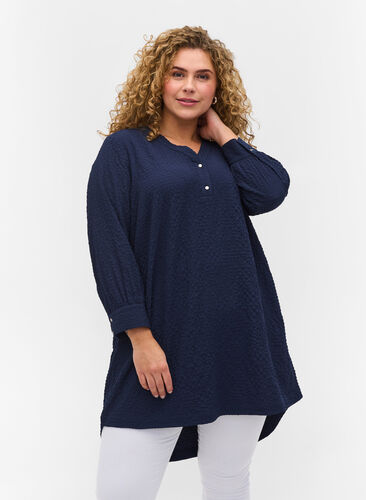 Tunic with cropped sleeves and crepe texture, Navy Blazer, Model image number 0