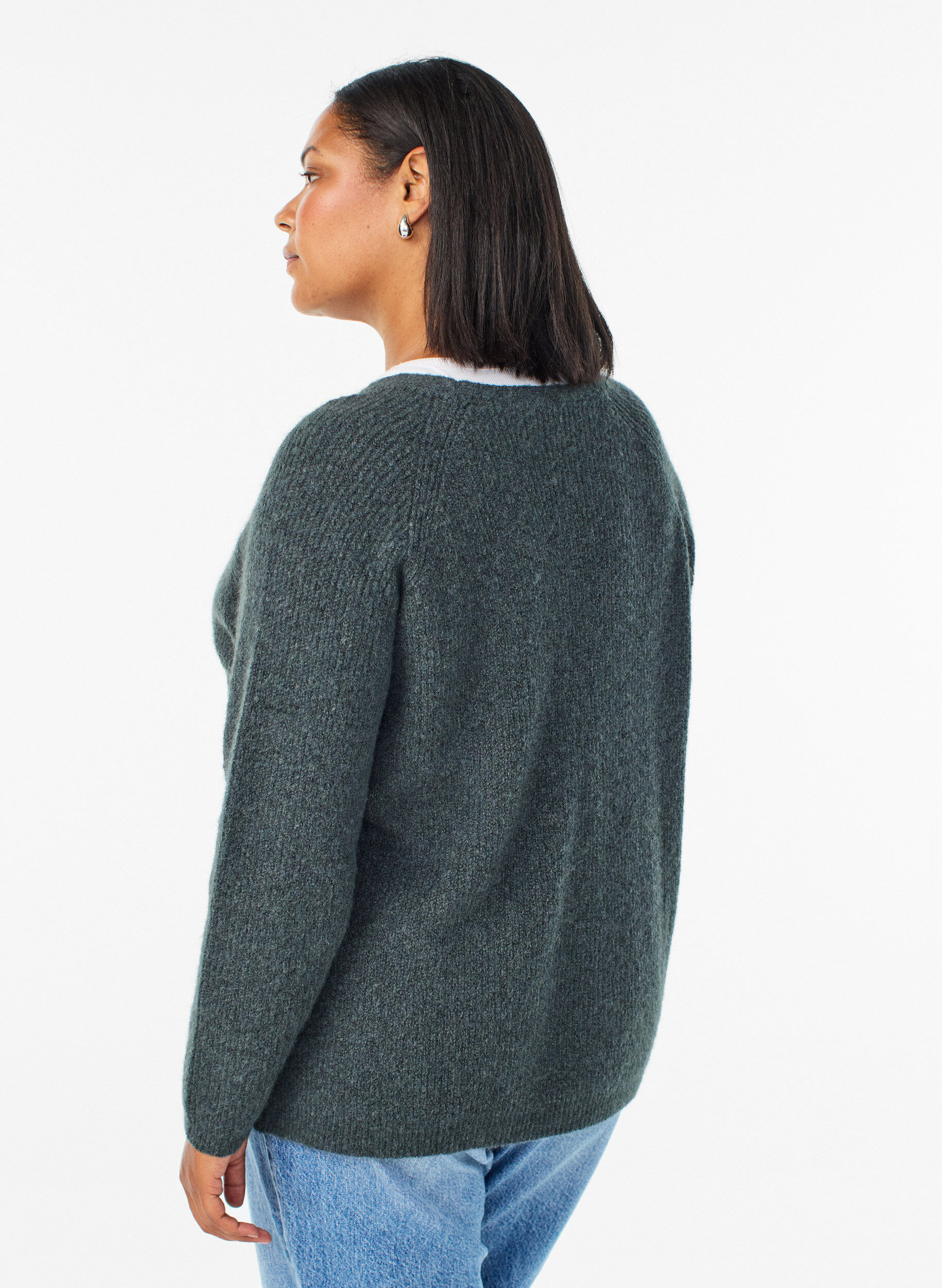 ZizzifashionKnitted blouse with V-neck and raglan sleeves, Green, Model image number 2