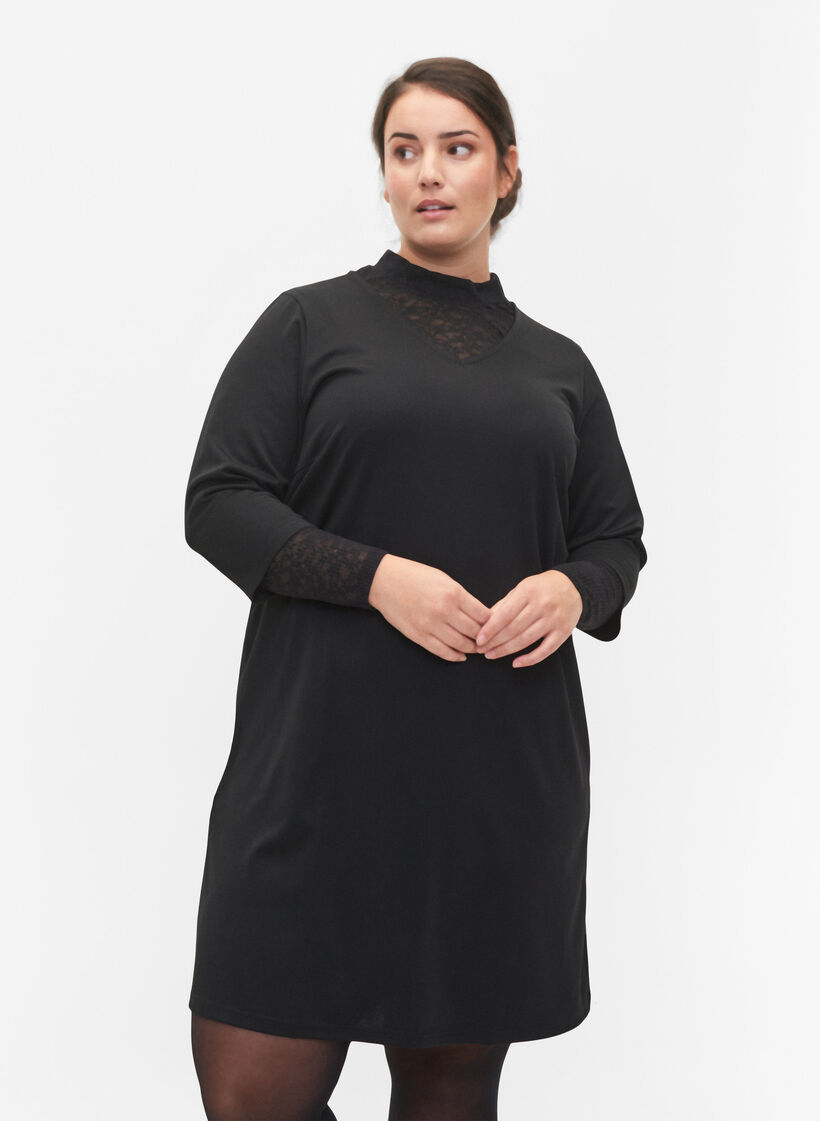 Plain dress with v neck and 3/4 sleeves, Black, Model image number 0