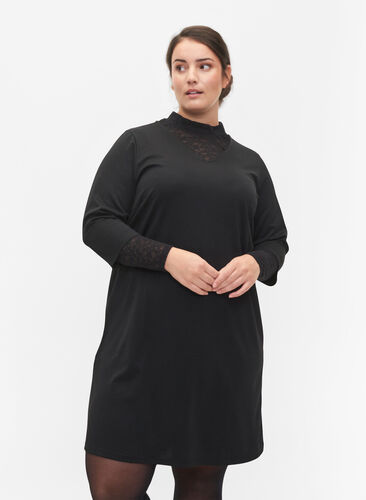 Plain dress with v neck and 3/4 sleeves, Black, Model image number 0