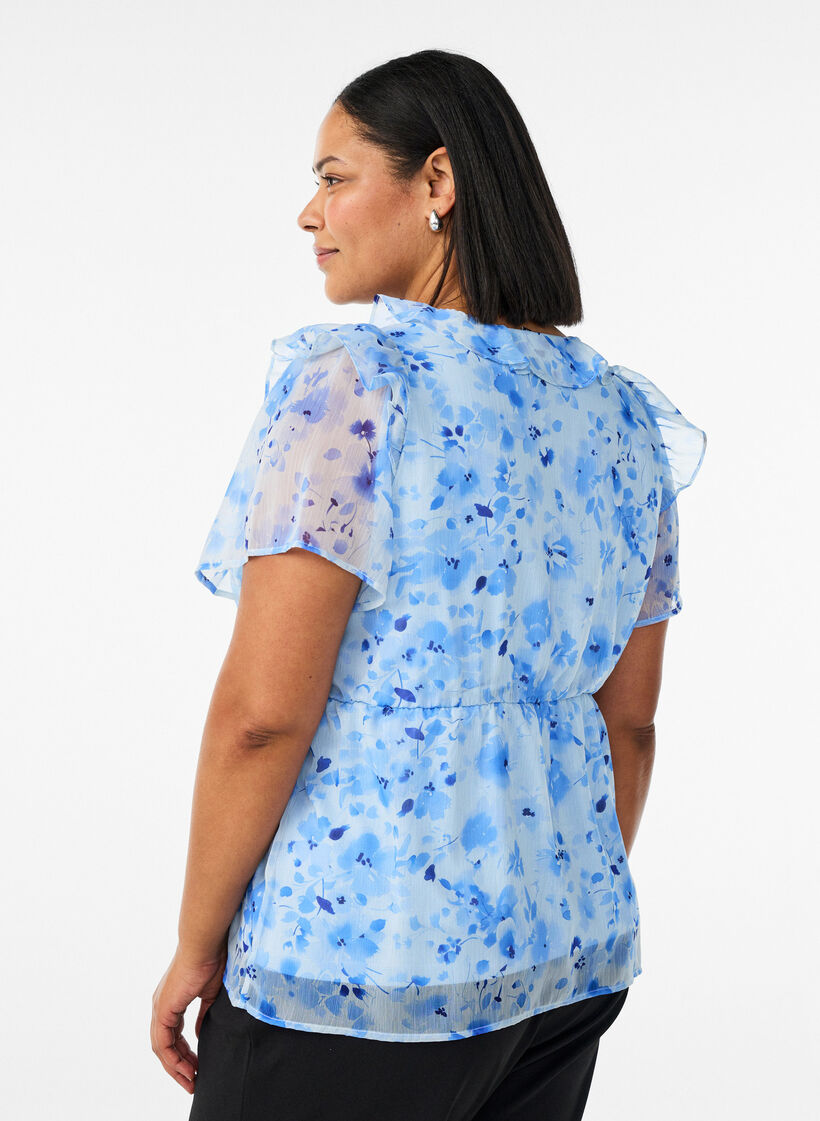 Floral blouse with a frill collar and peplum effect, Blue, Model image number 2