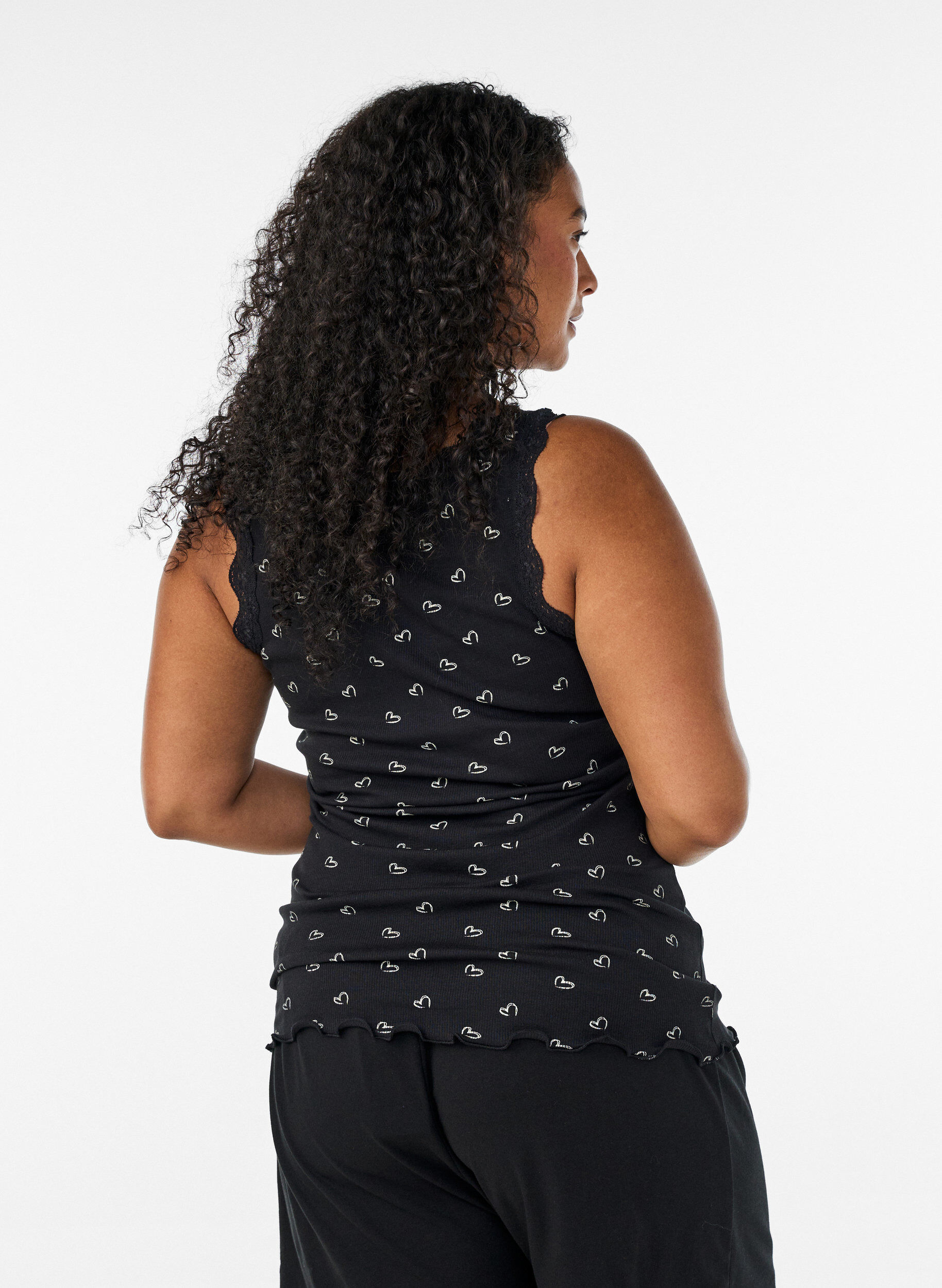 ZizzifashionTop with print and lace edge, Black, Model image number 2