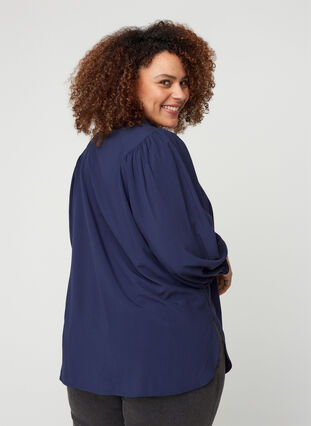 Viscose shirt with 3/4-length puff sleeves, Navy Blazer, Model image number 1